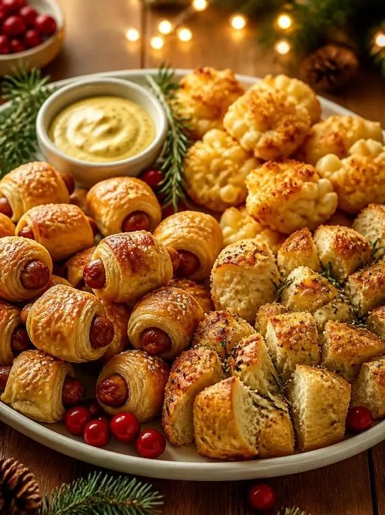 Christmas party food ideas featuring golden pigs in a blanket and savory bite-sized appetizers