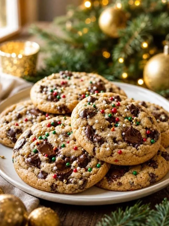 Chocolate chip Christmas cookies with festive sprinkles