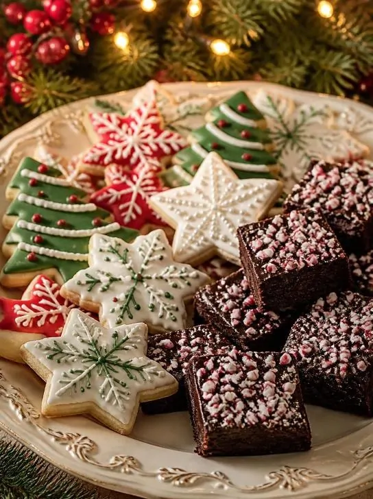 Christmas party recipes featuring decorated Christmas sugar cookies and chocolate peppermint brownies
