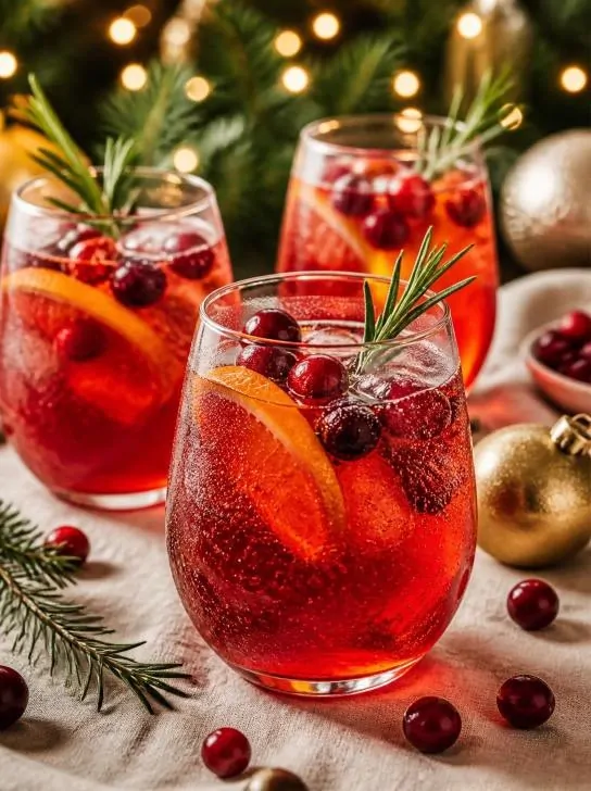 Christmas party recipes featuring a sparkling cranberry-orange mocktail garnished with fresh cranberries and rosemary