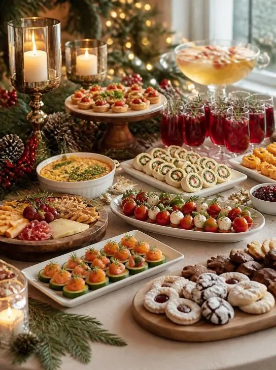 Christmas party ideas featuring a festive buffet table with appetizers, desserts, and holiday drinks