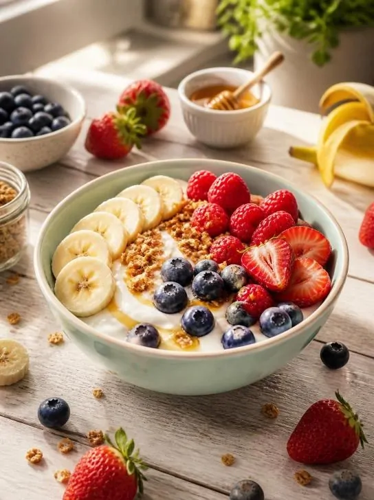 Healthy berry yogurt breakfast bowl for kids