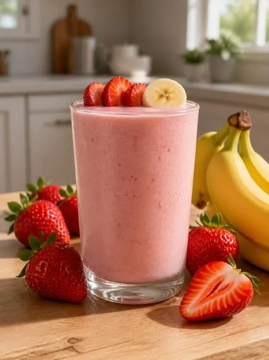 Healthy strawberry banana smoothie for kids breakfast