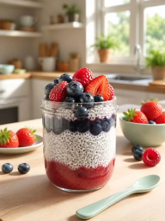 Healthy berry chia pudding for kids breakfast