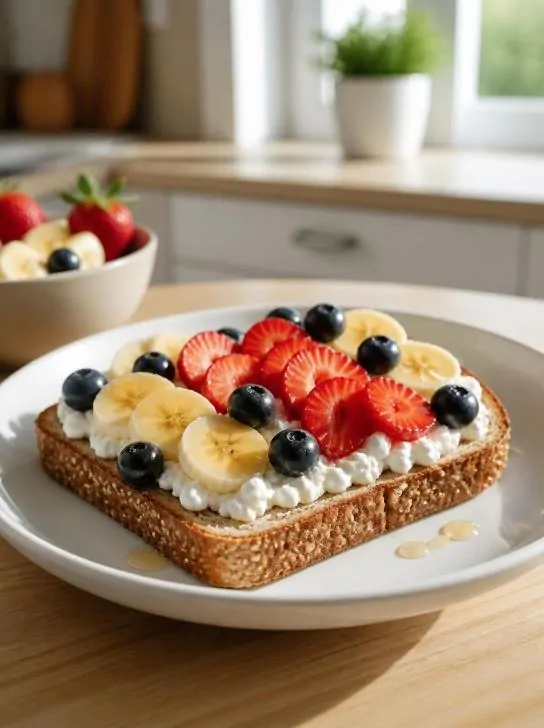 Healthy fruit and cottage cheese toast for kids